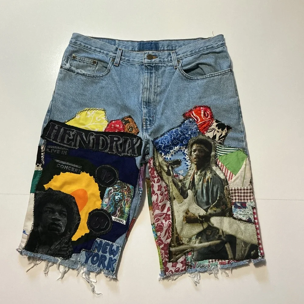 VTG Jimi Hendrix Experience Patchwork 1 Of 1 Upcycle Rework Denim Jean Shorts - Picture 1 of 4